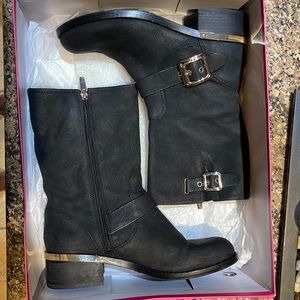 Vince Camuto Vc- Windy Black Majico leather motorcycle boots with gold buckles